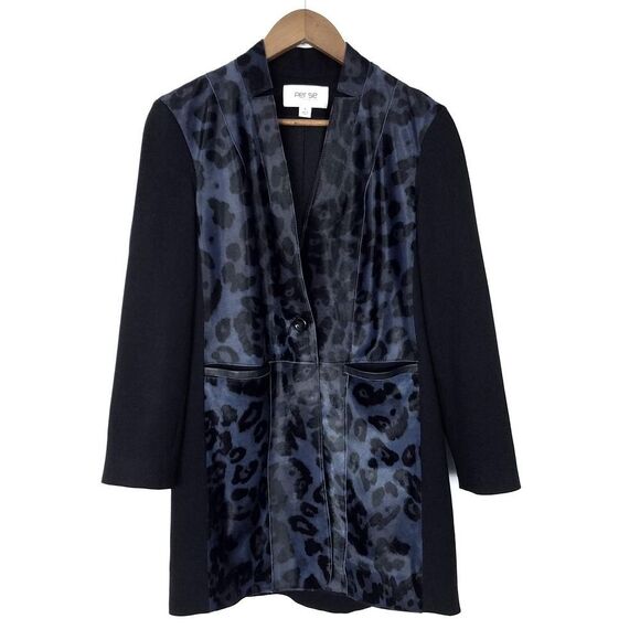 Per Se Carlisle Blue Leopard Print Genuine Fur & Black Ponte Knit Jacket Size 0 - Picture 6 of 8